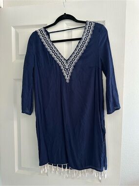 Navy V-Neck Embroidered Tunic with Tassel Hem
